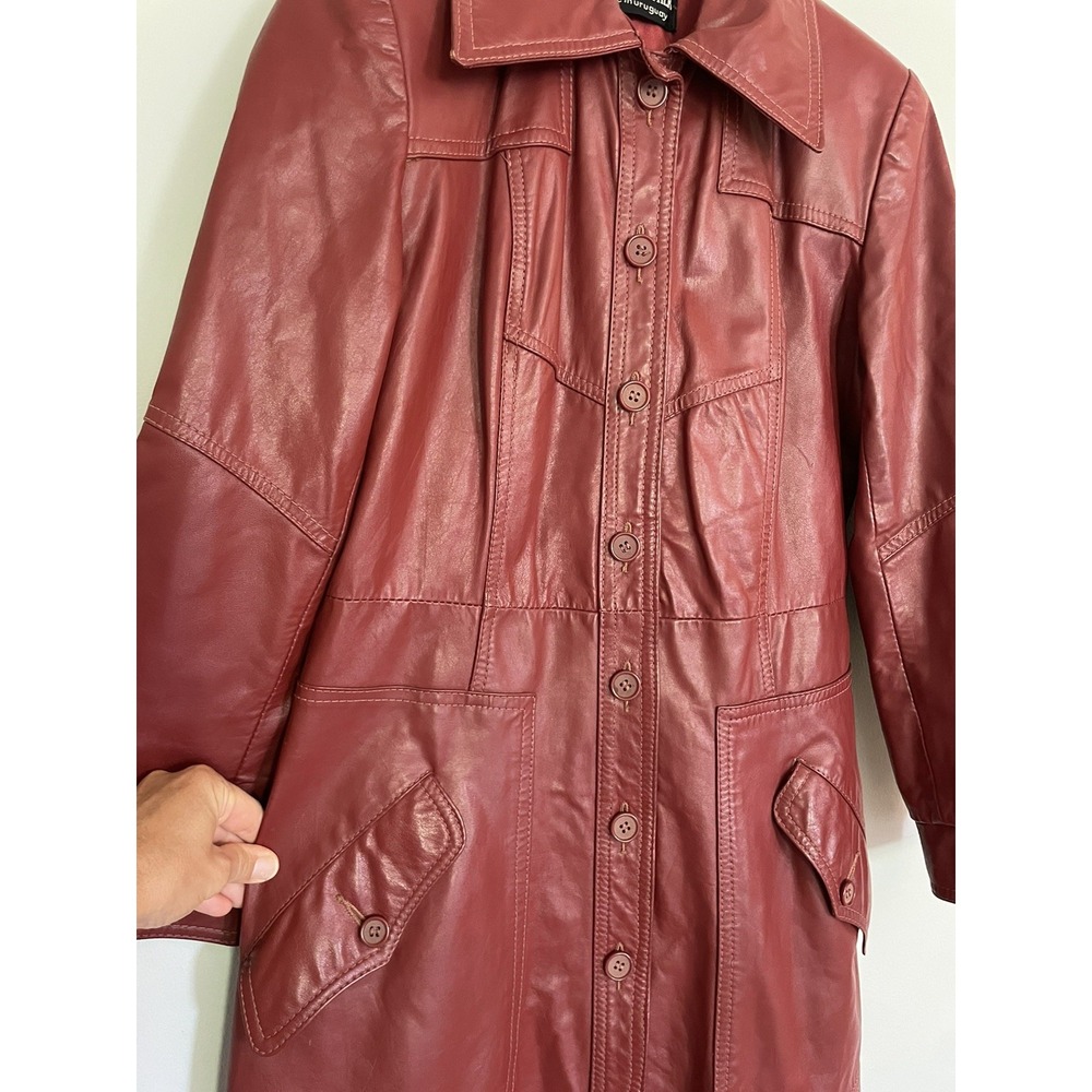 Vintage 70s Red Leather Trench Coat Maxi Long Duster Dagger Collar Uruguay S - Picture 4 of 16